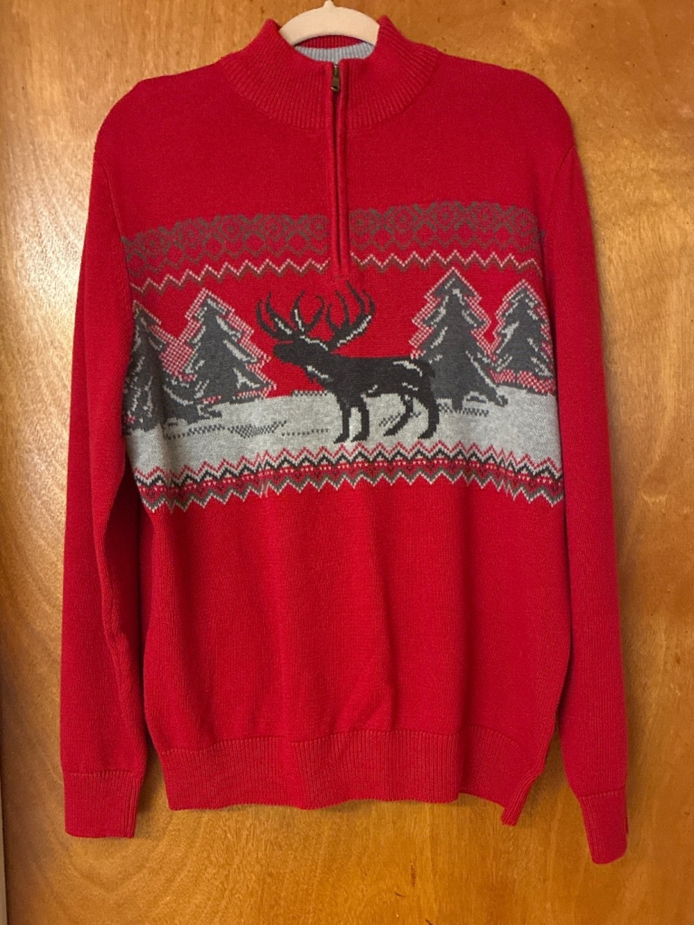 Chaps Red Moose Deer Mountain Fair isle Quarter Zip Sweater EUC